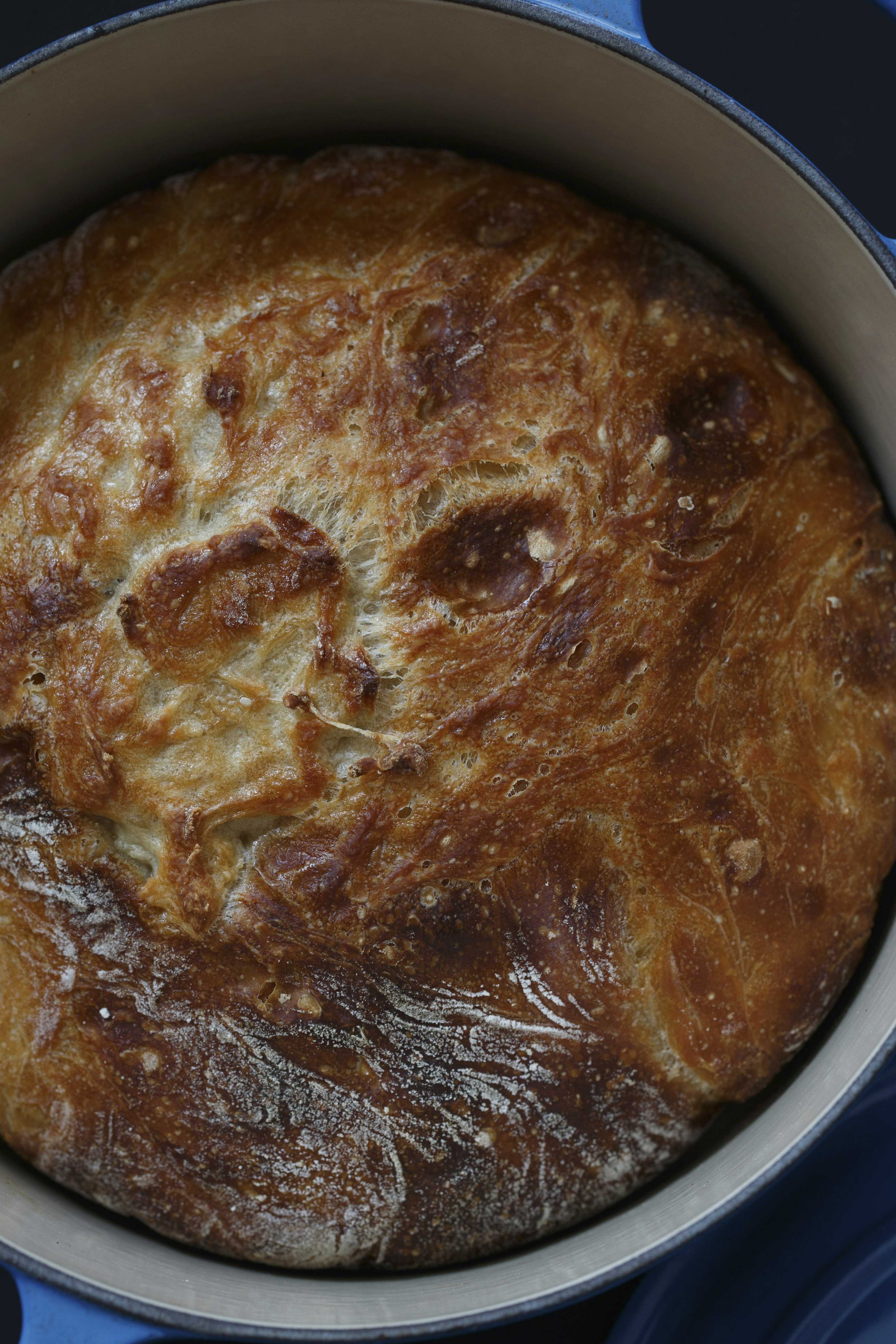 loaf of sourdough in blue pot